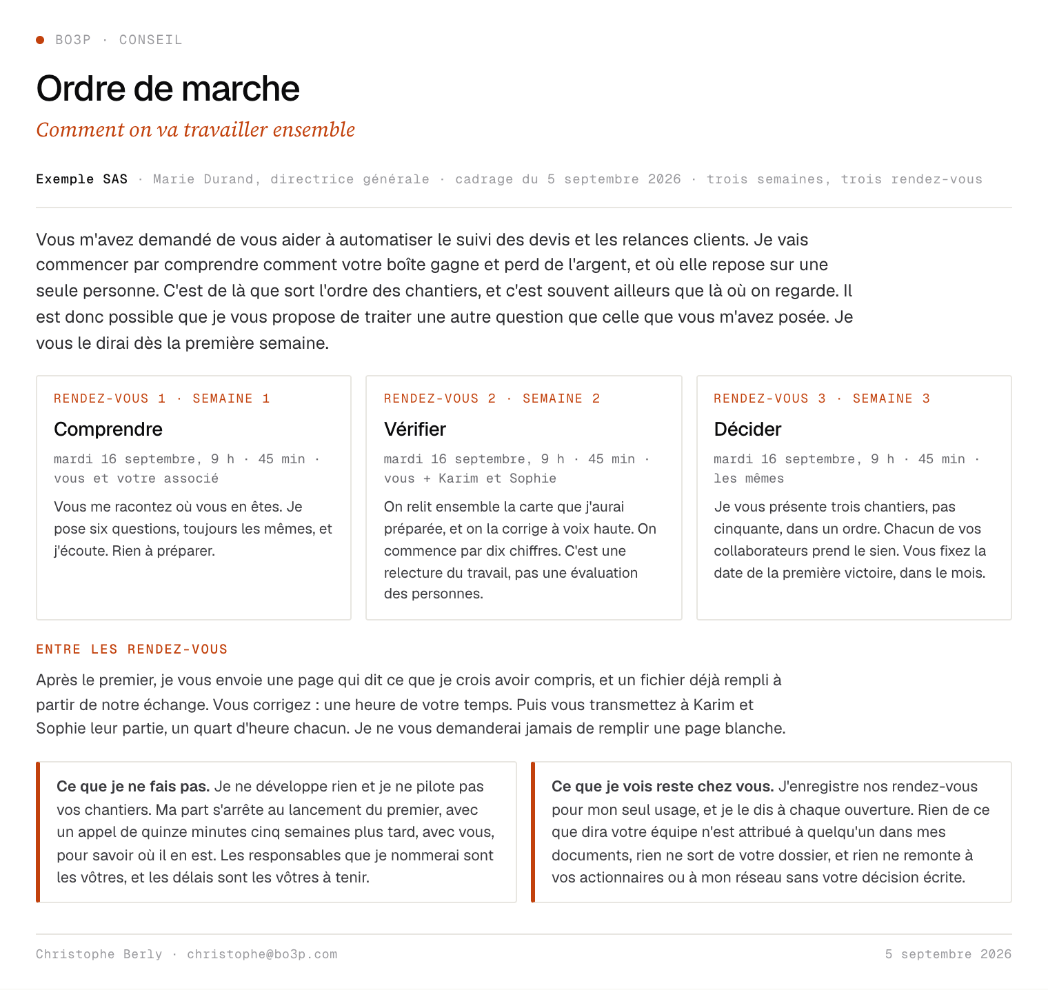 La page de départ : les trois rendez-vous, ce que je demande, ce que je ne fais pas. Exemple, données fictives.